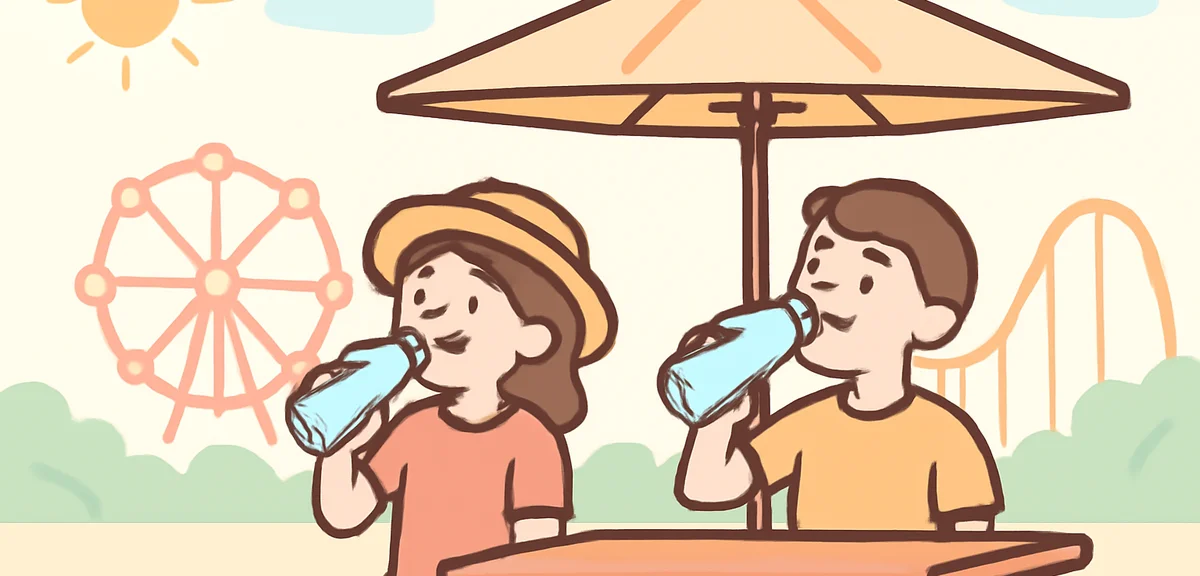 Visitors drinking water near a shaded rest area in a theme park, summer heat, no logos
