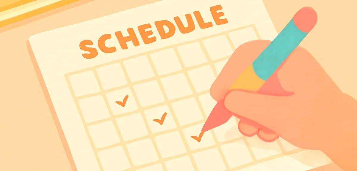 Close-up of a monthly summer schedule sheet on a desk with hand writing entries using a colorful pen