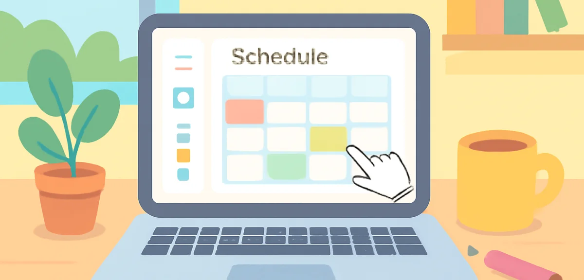 A laptop screen showing a customizable schedule template editor with drag-and-drop elements, modern 