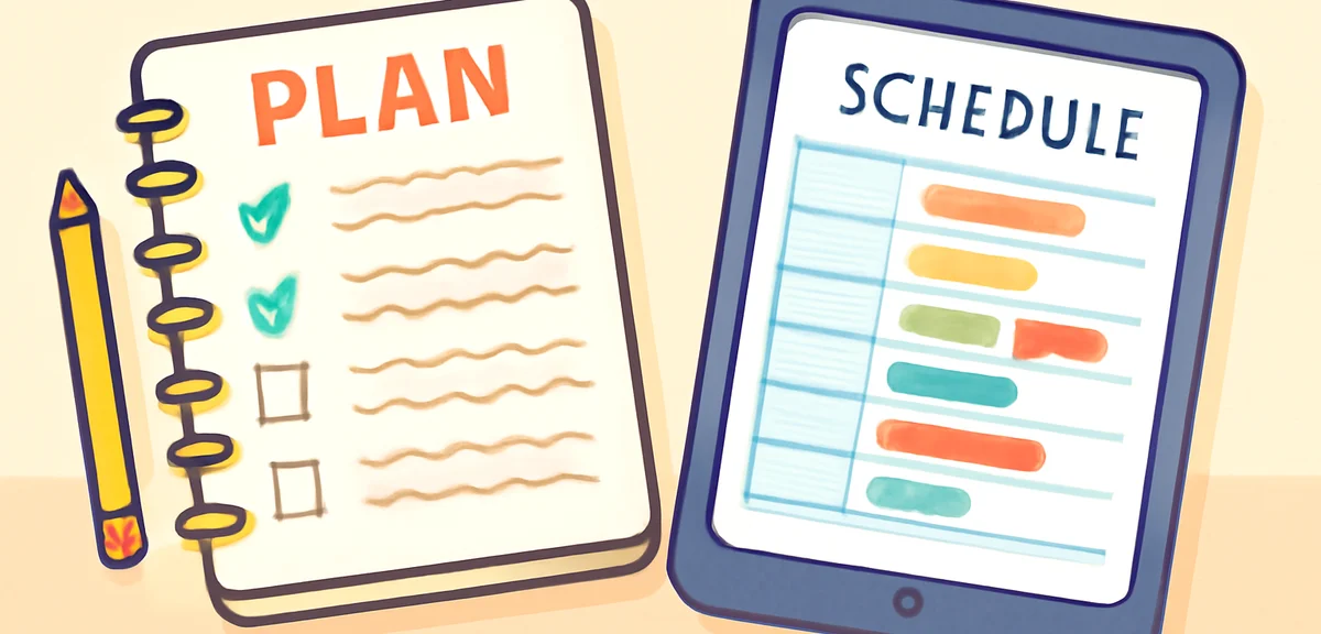 Comparison scene: paper notebook with handwritten plans on the left, tablet showing a digital schedu