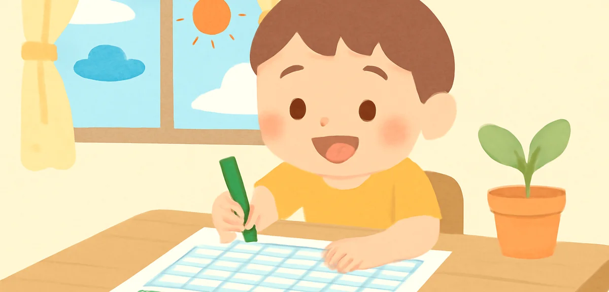 An elementary school child happily filling in a printed summer schedule at the kitchen table, summer