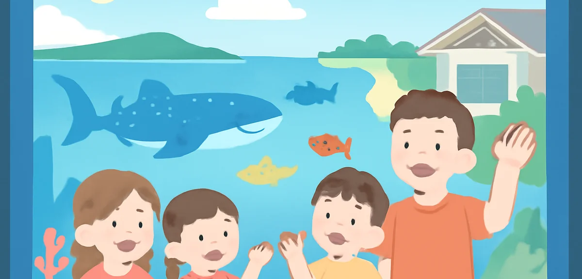 Okinawa Churaumi aquarium and emerald beach in summer, families enjoying ocean view, photo realistic