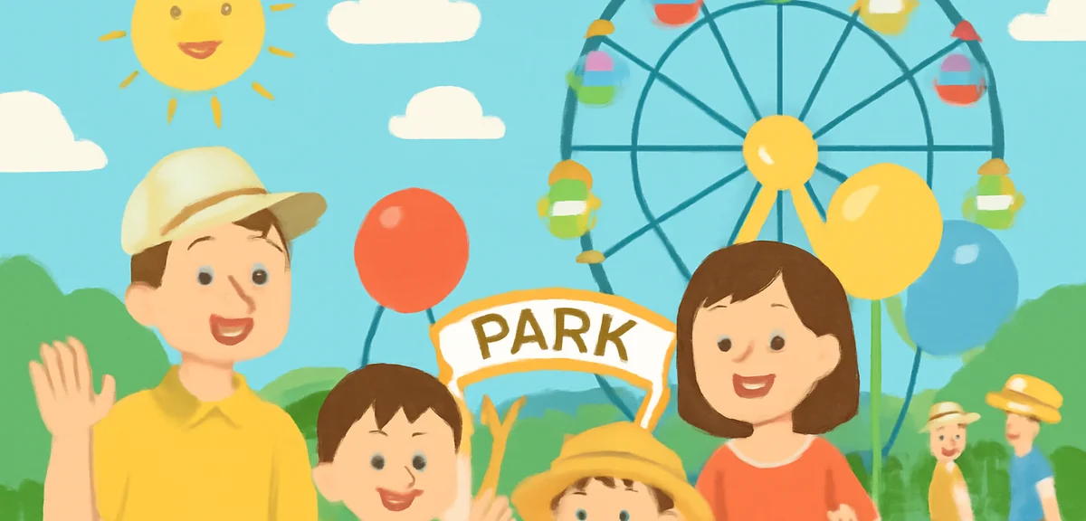 A bustling theme park entrance with families wearing summer clothes, balloons, and a giant Ferris wh