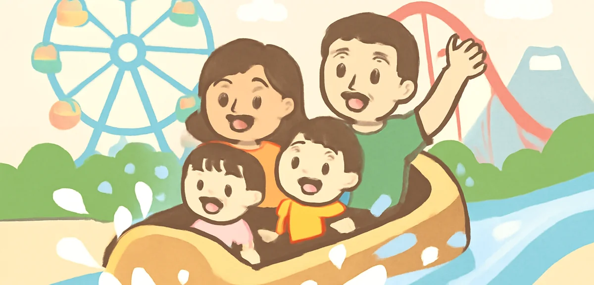 A family enjoying a water ride at a Japanese theme park, splashing water, summer vibes, cheerful exp