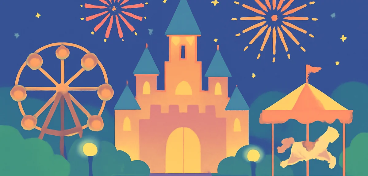 Night illumination at a theme park with fireworks above the castle, vibrant colors, summer evening s