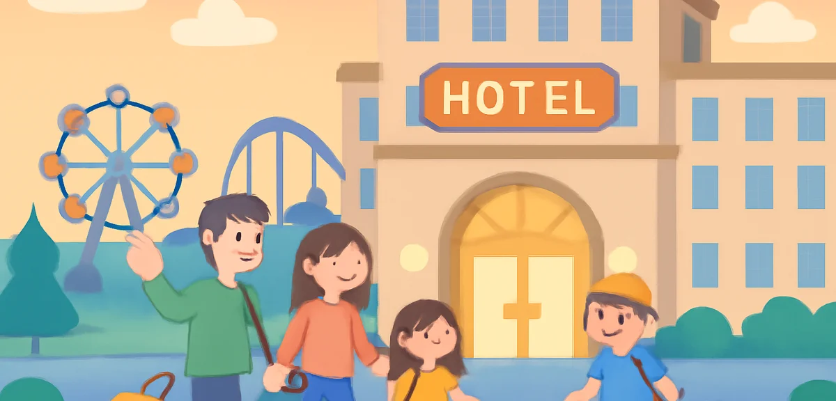 A modern theme park hotel exterior at dusk with families checking in, summer travel scene, photoreal