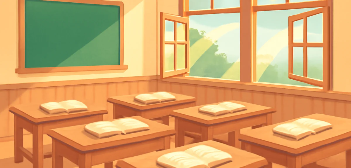Old Meiji-era Japanese classroom with wooden desks, open windows, sunlight streaming in, no air cond