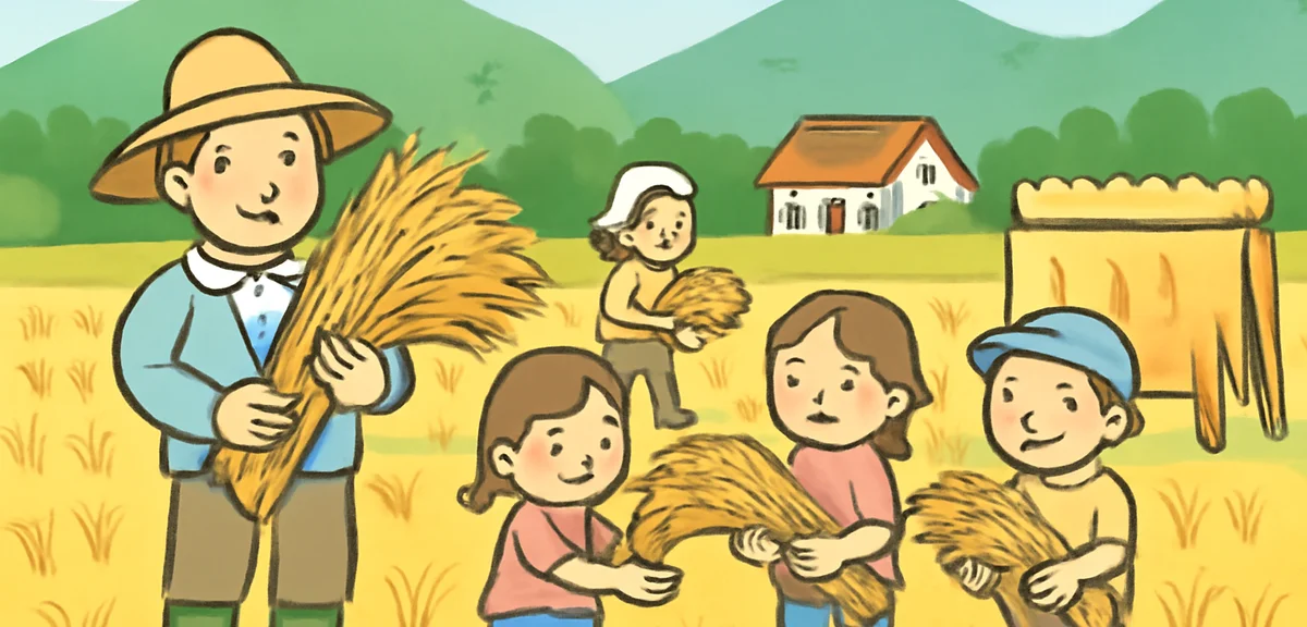 Japanese rural rice field in summer with farmers working, children helping with harvest, traditional
