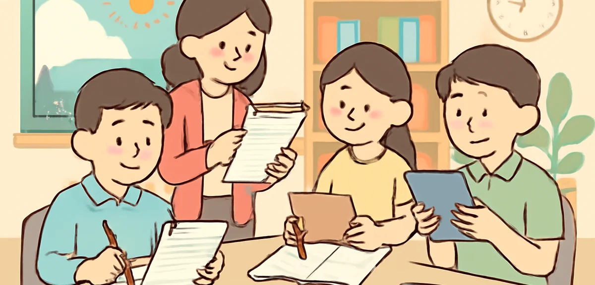 Teachers gathered in a Japanese school staffroom during summer, studying and preparing materials, ca