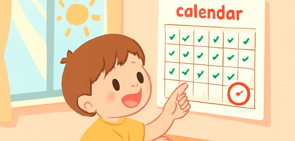 A child looking at a wall calendar excitedly, counting days until summer vacation, sunlight streamin