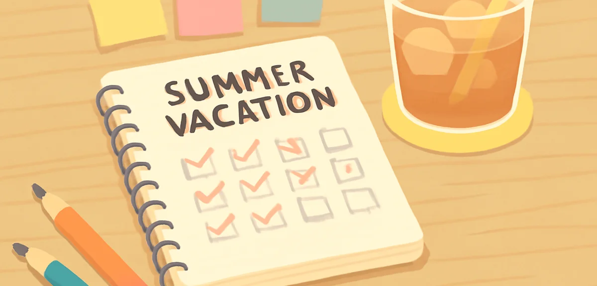 A neat planner notebook with a handwritten summer vacation countdown, colorful sticky notes, pencils