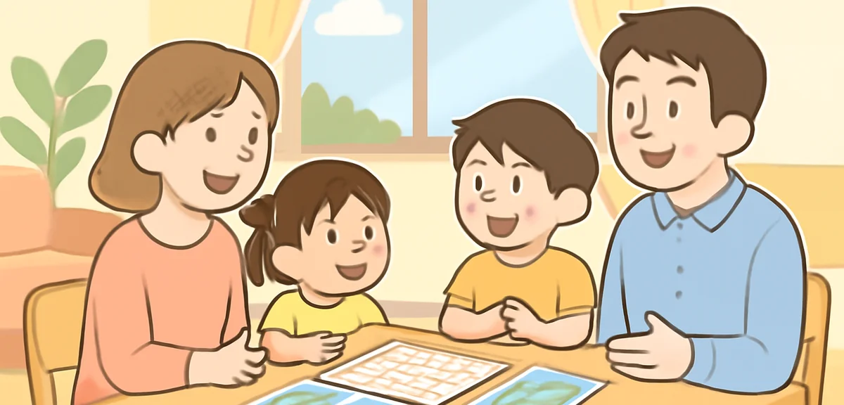 A family sitting at a dining table discussing summer plans, a calendar and travel brochures spread o