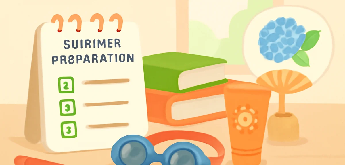 A desk scene with a checklist titled summer preparation, study books, swim goggles, sunscreen, and a