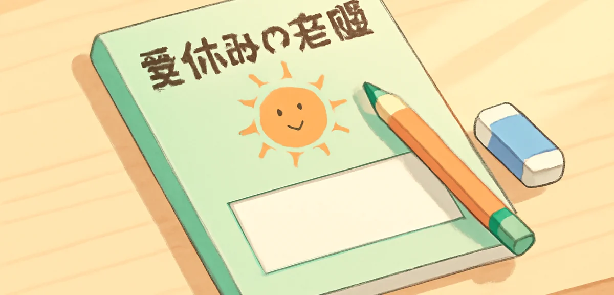 Close-up of a Japanese elementary school student's summer homework workbook with pencil and eraser o