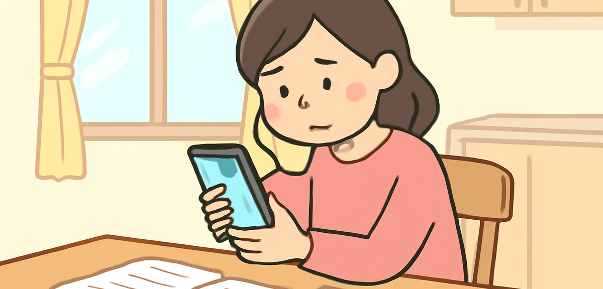 A worried Japanese mother looking at a smartphone screen showing a website, sitting at a kitchen tab