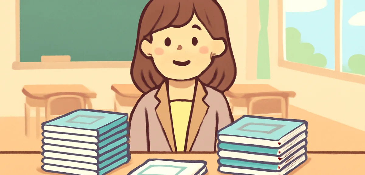 A Japanese teacher's desk with stacks of student notebooks and red pen, classroom background slightl