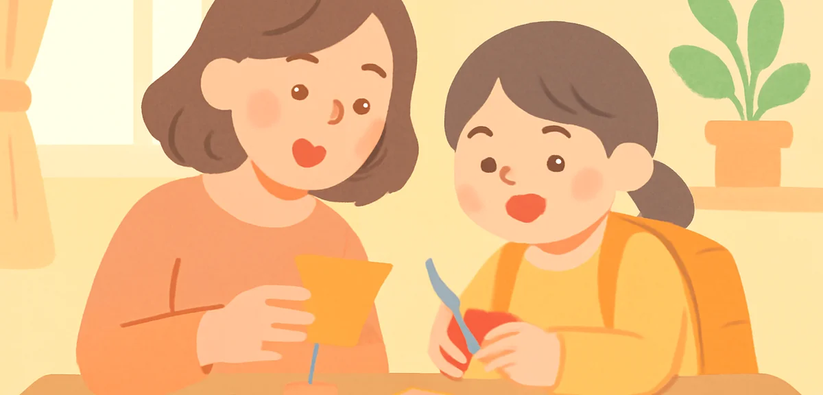 A Japanese parent and elementary school child working on a craft project together at home, smiling, 