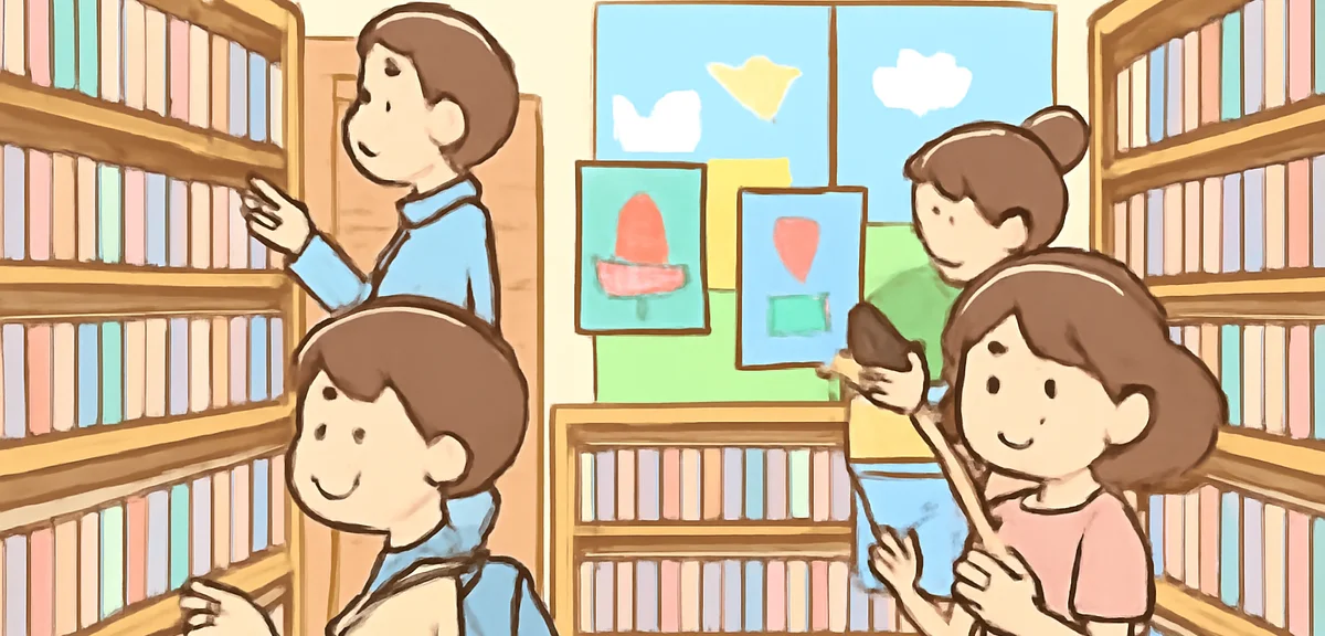 A bright bookshop aisle filled with colorful manga volumes during summer vacation season, a few cust
