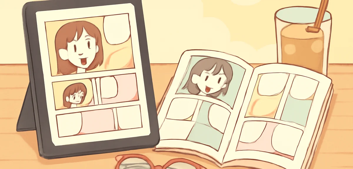 A comparison scene showing a tablet displaying a digital manga page on one side and a paper manga bo