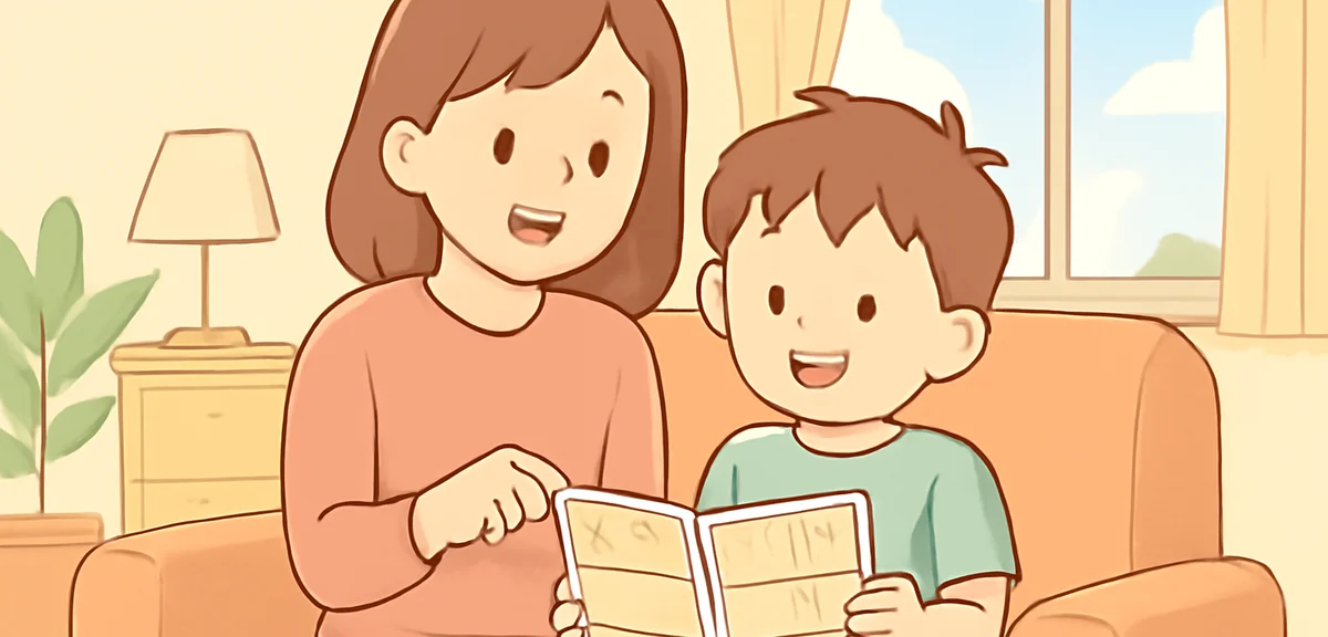 A parent and child sitting side by side on a sofa reading manga together, smiling and pointing at a 