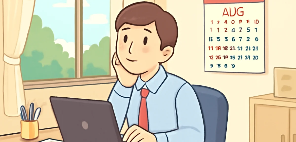 A Japanese office worker sitting at a desk in a quiet office during summer, looking thoughtfully at 