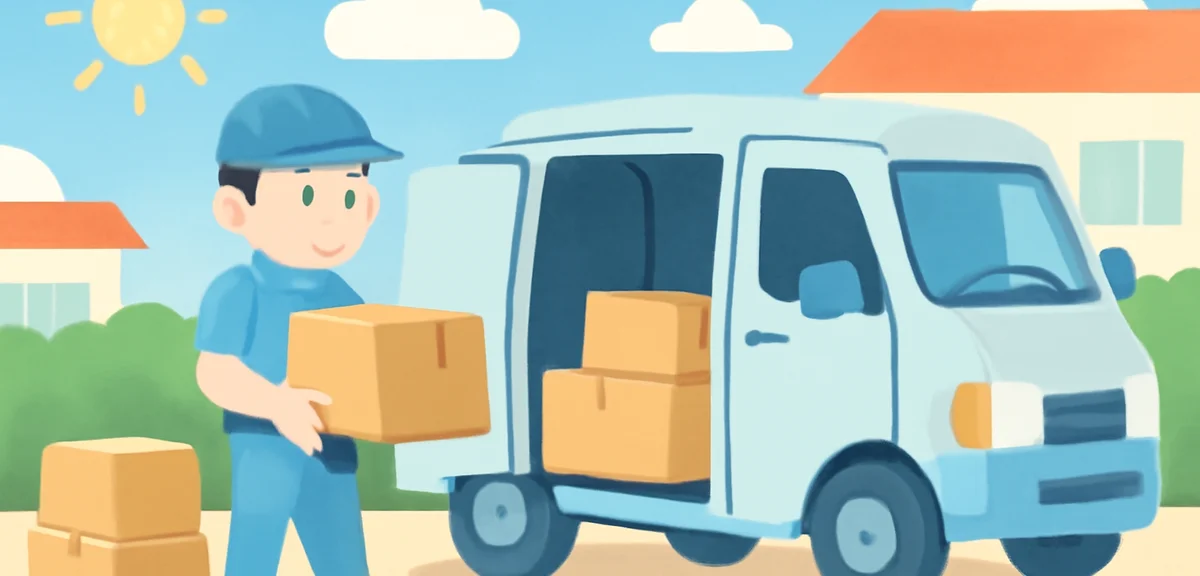 A delivery driver loading boxes into a van on a sunny summer day in Japan, wearing a uniform, busy l