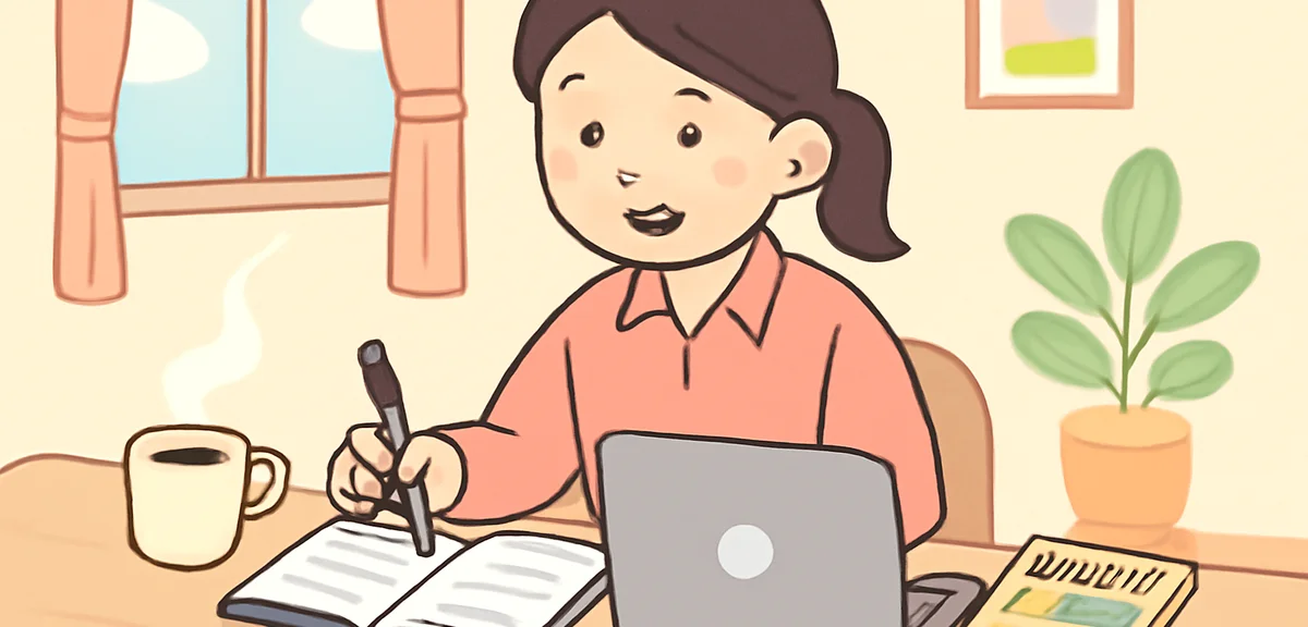 A Japanese employee smiling while planning a vacation on a laptop and notebook at home, with a coffe
