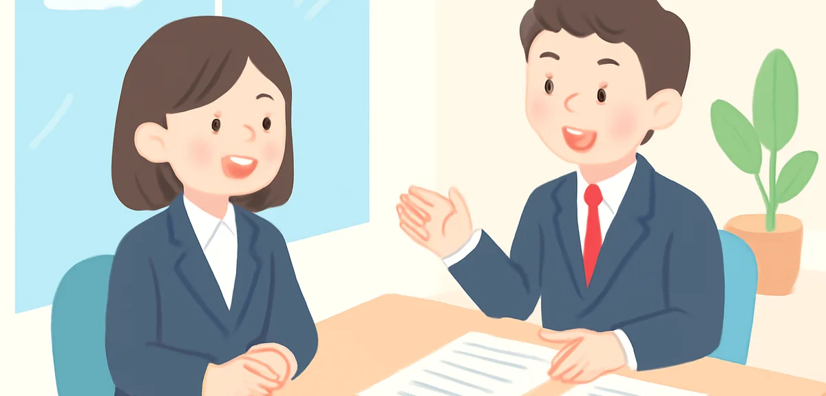 A job interview scene in a modern Japanese office with two people discussing across a desk, document