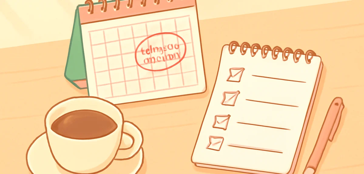 A neat desk with a calendar marked for summer vacation, a checklist notebook, a pen, and a coffee cu