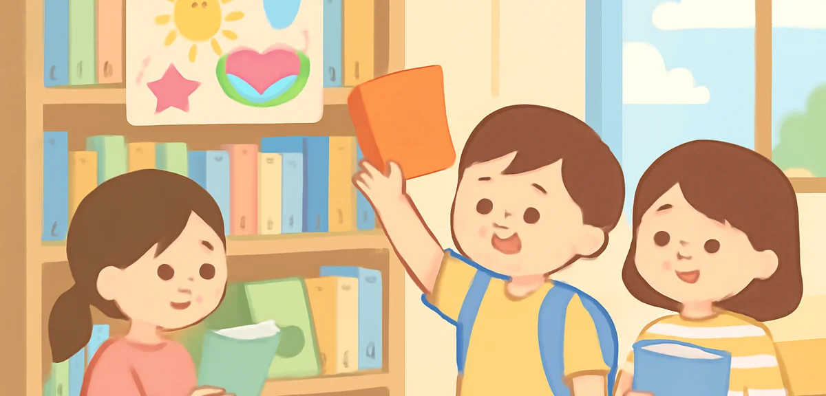 Elementary school students choosing books at a bright library before summer vacation, smiling faces,