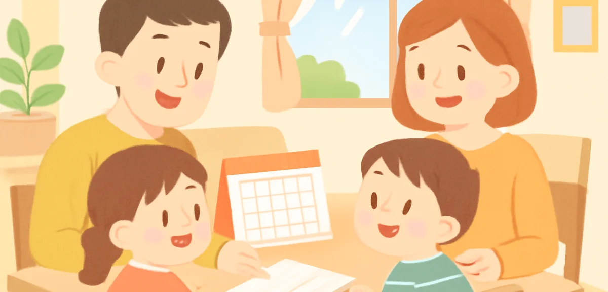 A family sitting around a dining table discussing summer plans with a calendar and notebook, parents