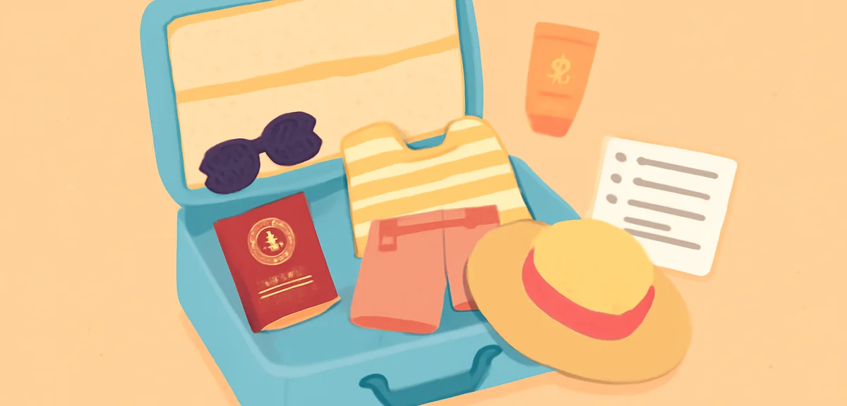An open suitcase with travel essentials, passport, sunglasses, sunscreen, summer clothes, beach hat,