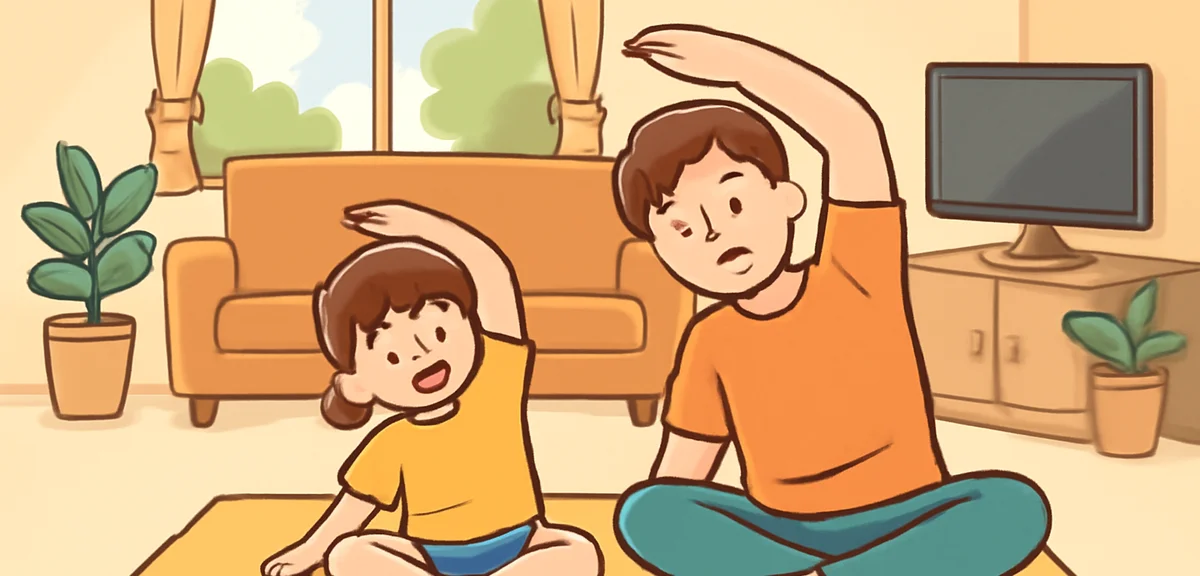 A bright Japanese living room in summer, a parent and elementary school child doing stretching exerc