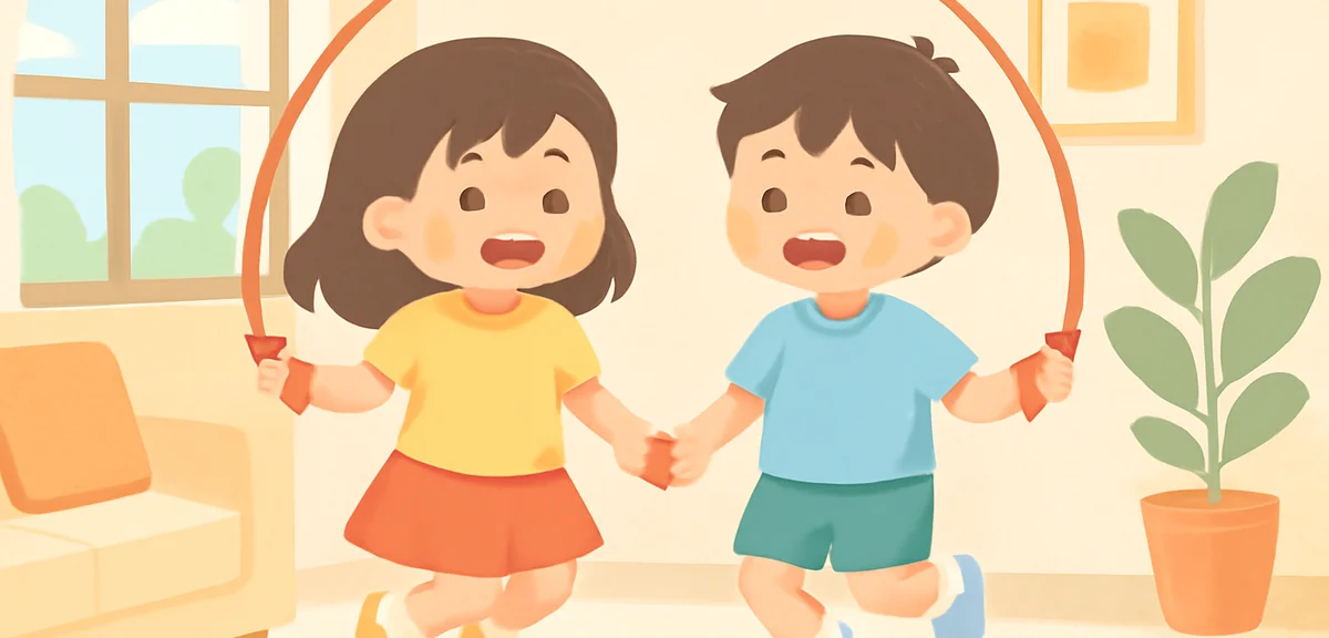 Japanese children doing jumping rope motion indoors, smiling, casual summer t-shirts, soft natural l