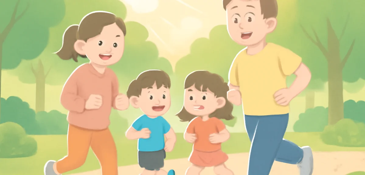 A Japanese family of four jogging together in a green park during early morning, soft sunlight filte