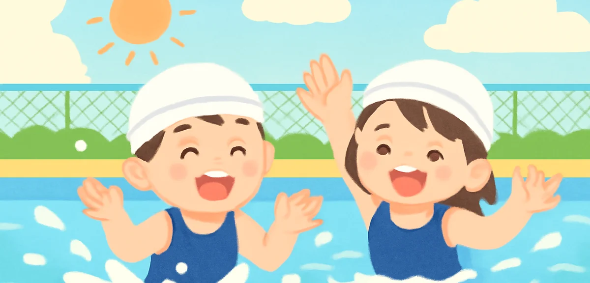 Japanese children swimming in a clear blue outdoor pool on a sunny summer day, splashing water and l