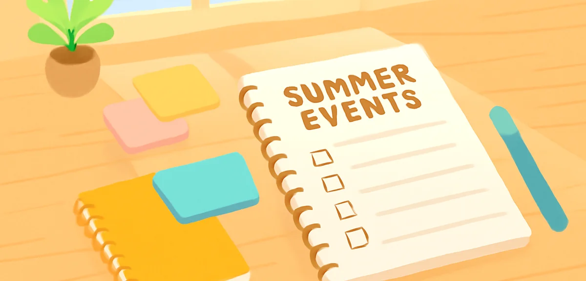 A wide overhead photo of a wooden table with notebooks, colorful sticky notes, summer event planning