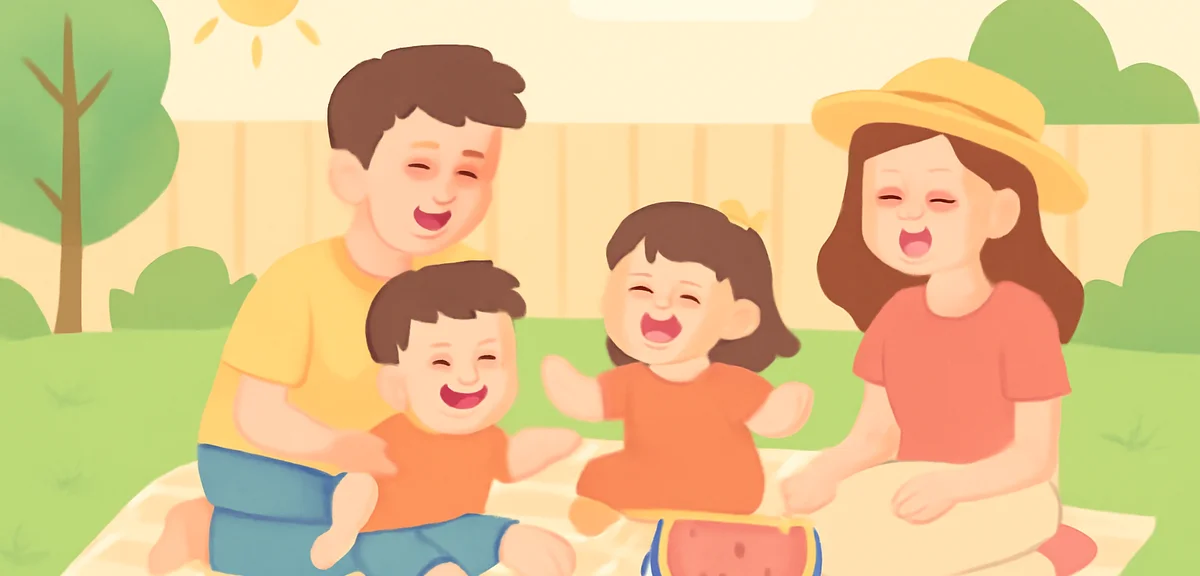 A cheerful family of four enjoying a backyard picnic during summer afternoon, kids laughing, picnic 