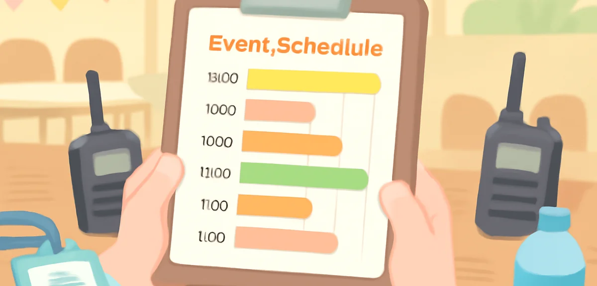 A close-up of hands holding a clipboard with an event schedule and timeline, surrounded by walkie-ta