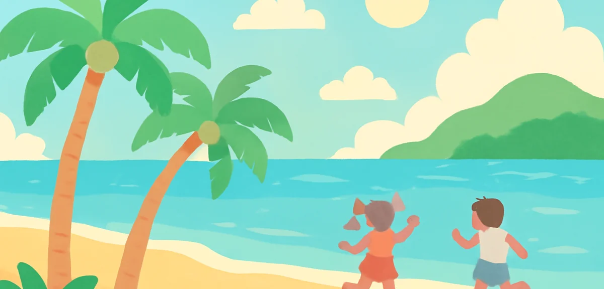 A bright tropical scene of an Okinawan beach with palm trees and clear blue water, children's silhou