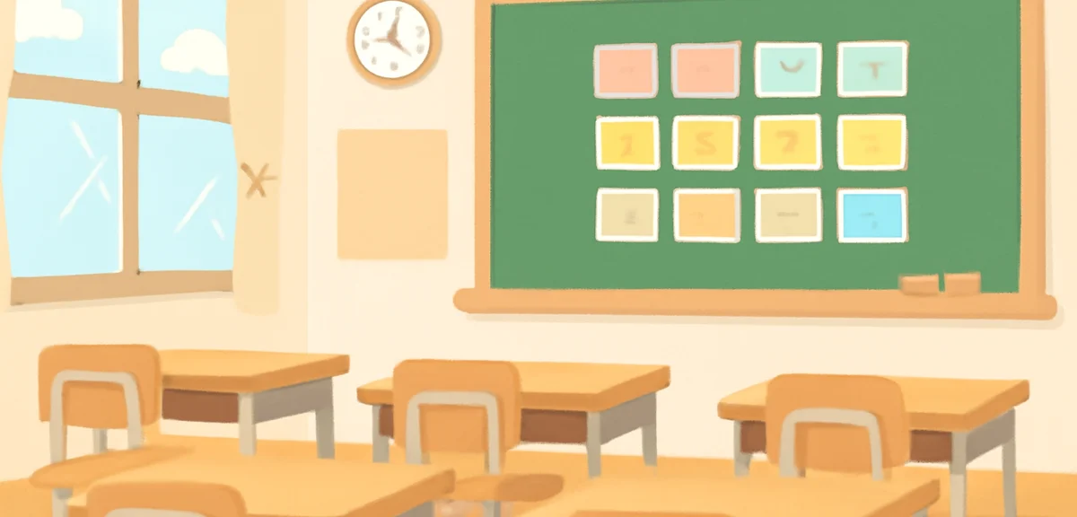 A classroom scene with empty desks and a chalkboard showing calendar months, soft natural light thro