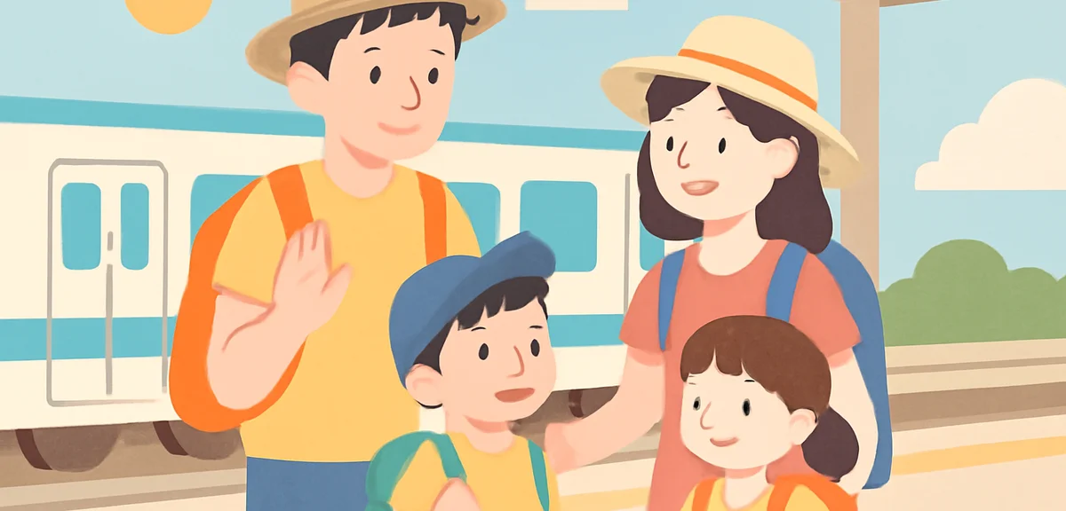 A Japanese family on a summer trip with children carrying backpacks at a train station, warm sunny d