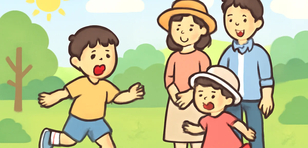 Family enjoying a one-day outing at a local park in summer, children playing, parents watching, natu