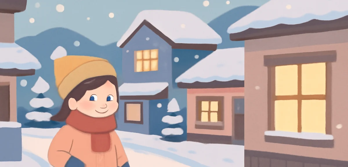Snowy winter scene in a Japanese town with quiet streets and lit windows in the evening, soft warm l