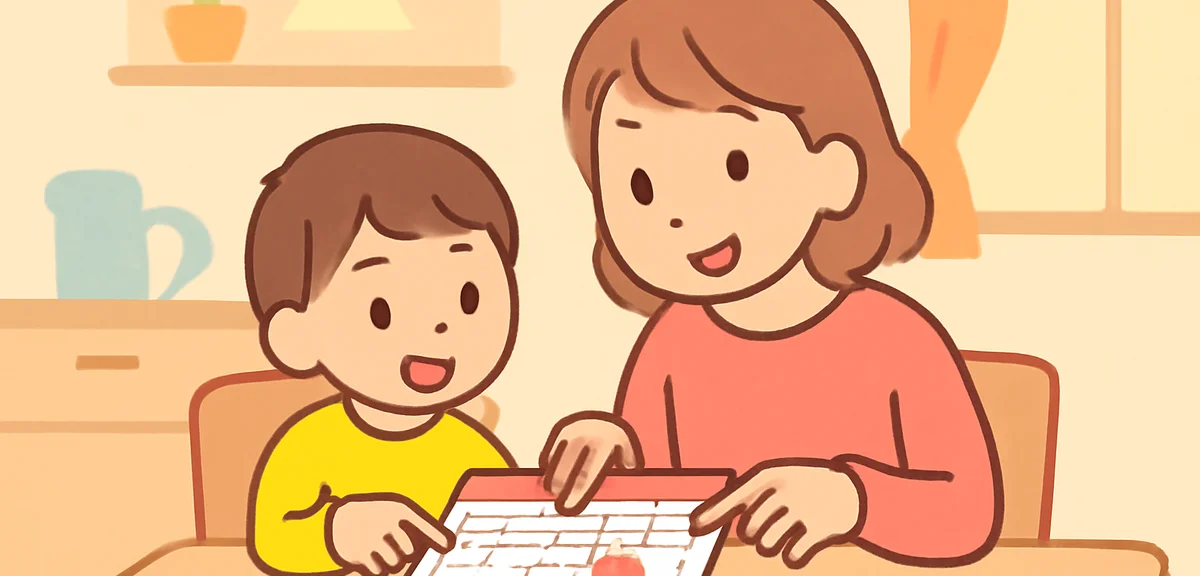 Parent and child looking at a school calendar at home, kitchen table setting, warm indoor lighting,