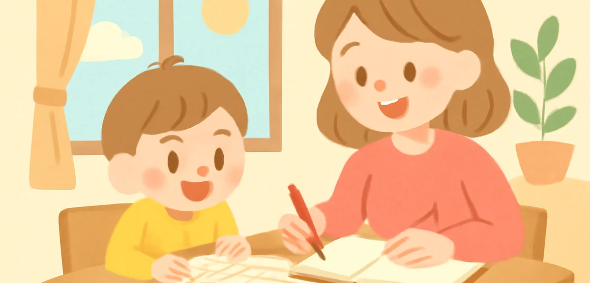 A Japanese mother and child sitting at a wooden dining table together, looking at a paper calendar a