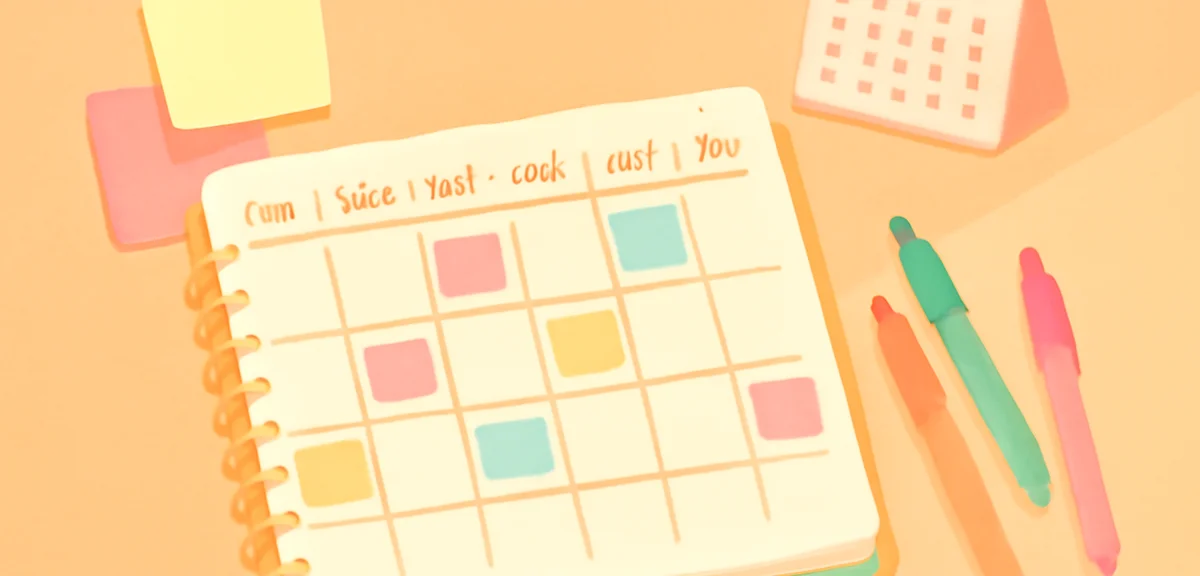 A close-up of a colorful weekly planner notebook on a desk with colored pens, sticky notes, and a sm