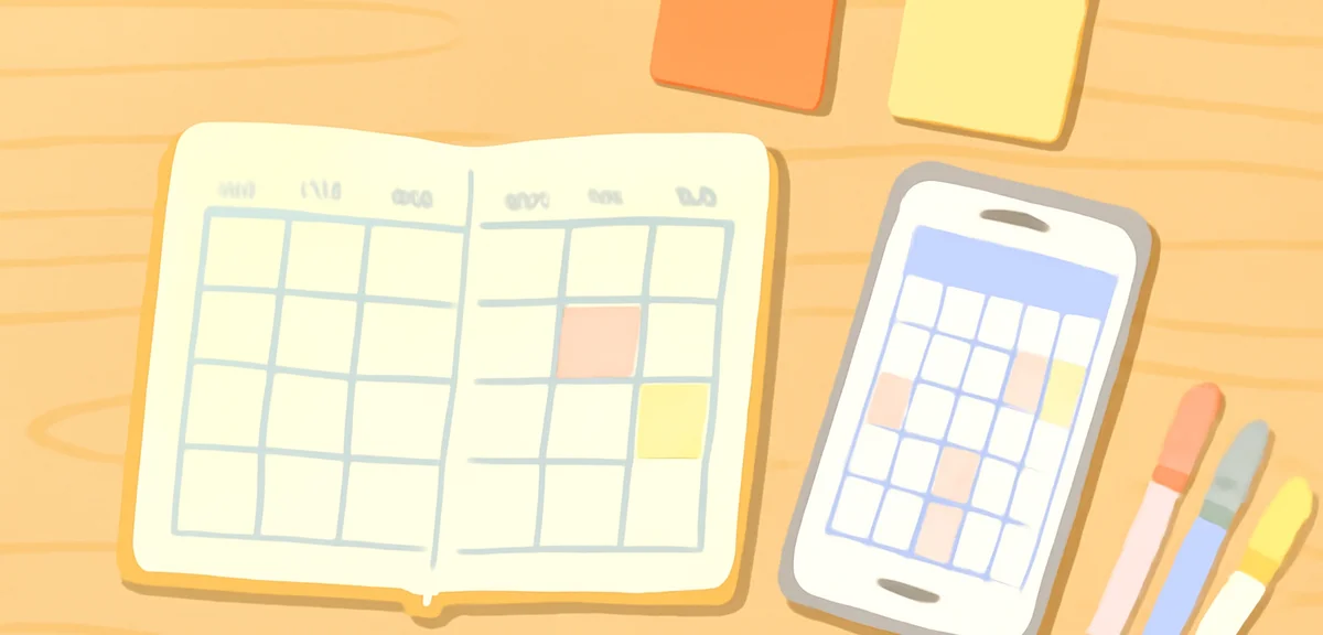 A flat lay image showing a paper planner, a smartphone with calendar app, sticky notes, and colored 