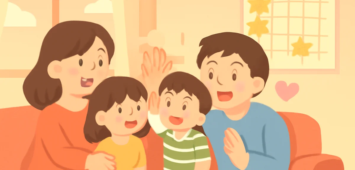 A Japanese family of four sitting together in their living room, looking at a chart on the wall with