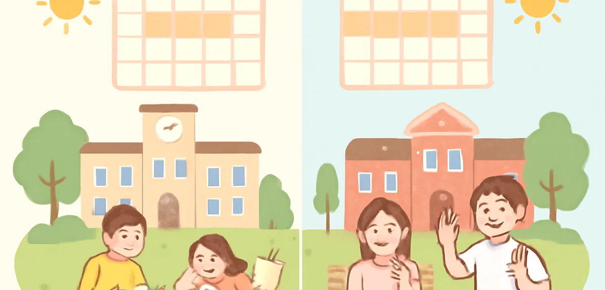Comparison illustration of national versus private Japanese university campuses side by side in summ